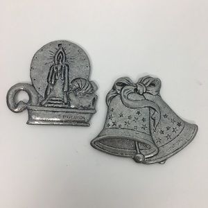 Vintage Carson Pewter Ornaments Double Bell and Candle Stick 1993 Set of 2